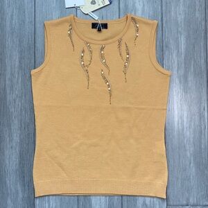 Womens yellow sleeveless tank top with sequins and bead work merino wool